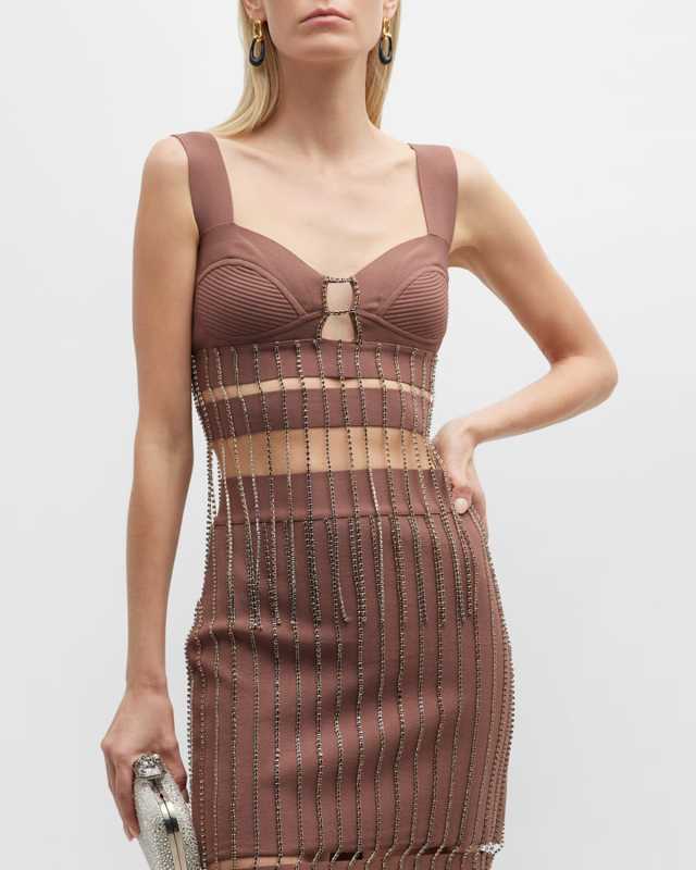 Crystal Chain Fringe Cutout Crop Top